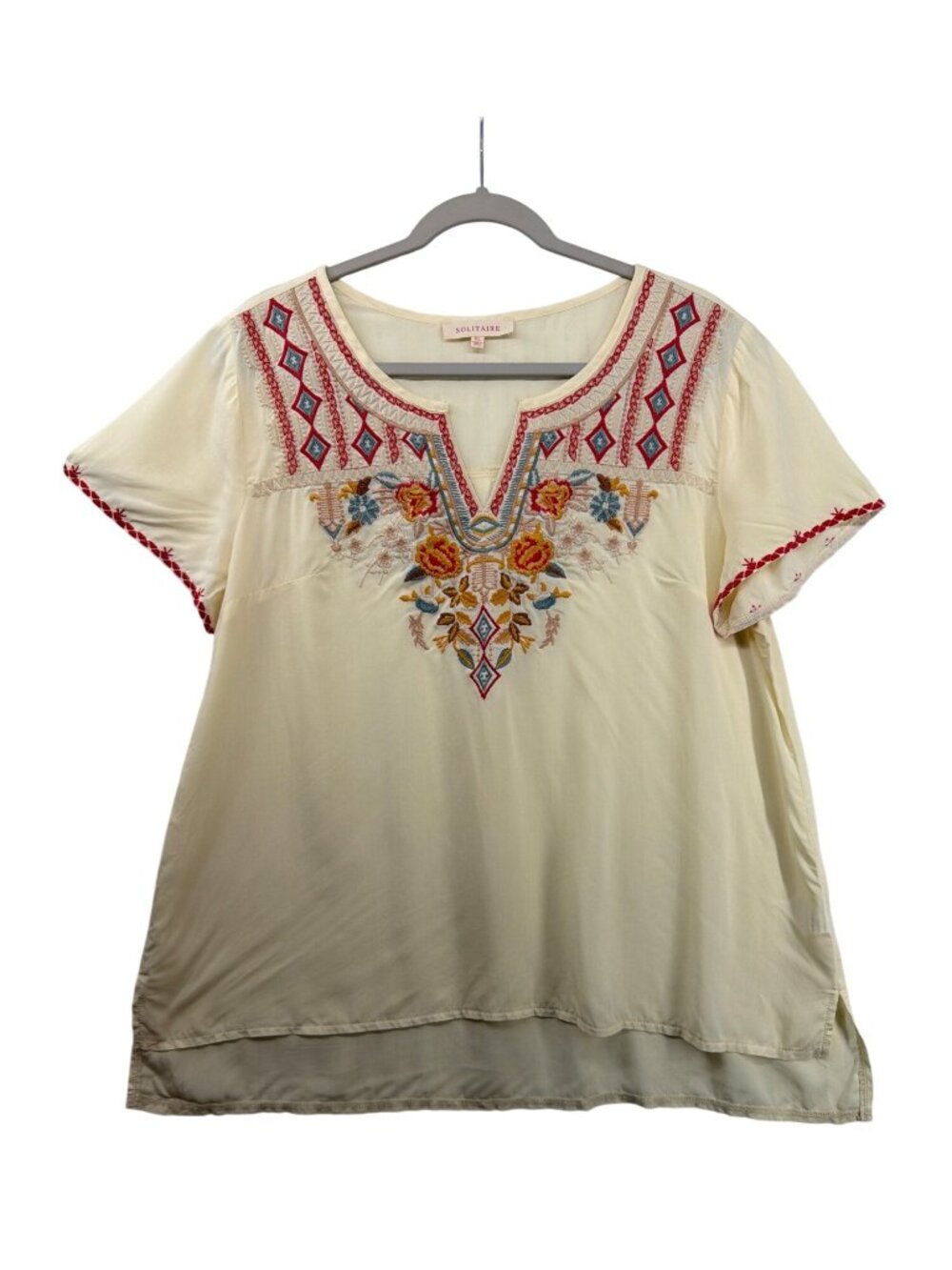 Solitaire Womens Tunic Top Sz XL Off-White Embroidered Boho Peasant Floral Fairy